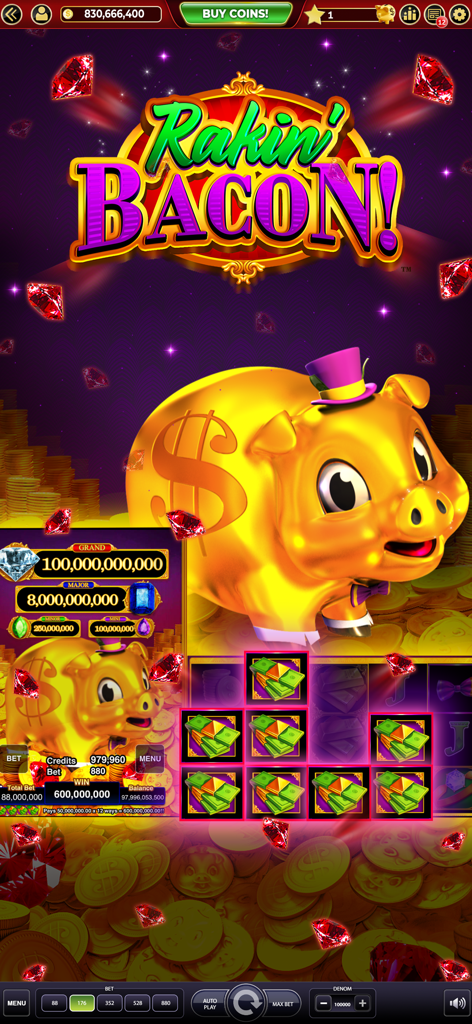 Best Bet: Slots Casino Games - Schermata di gioco della slot machine Rakin Bacon nell'app Best Bet Casino che mostra un salvadanaio dorato e vincite jackpot