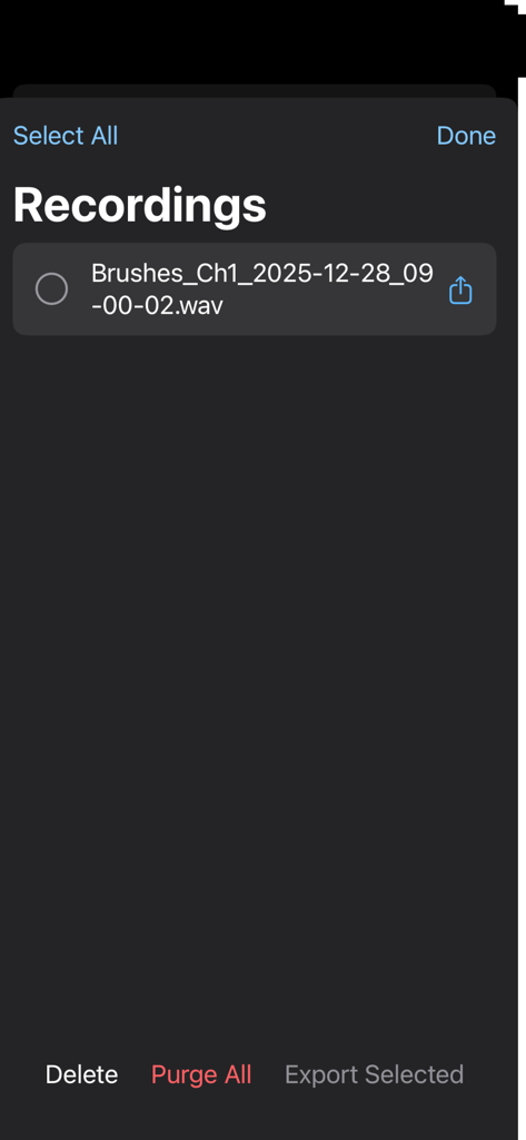 A1 Multitrack Record - Écran de gestion des enregistrements de l'application A1 Multitrack Record montrant un fichier audio répertorié avec des options de suppression ou d'exportation.