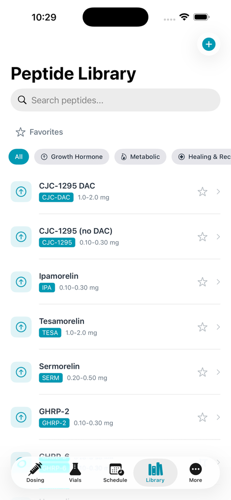 Peptide Library screen in the PeptideCalc Pro app displaying a list of peptides like Ipamorelin and Sermorelin with dosage ranges.