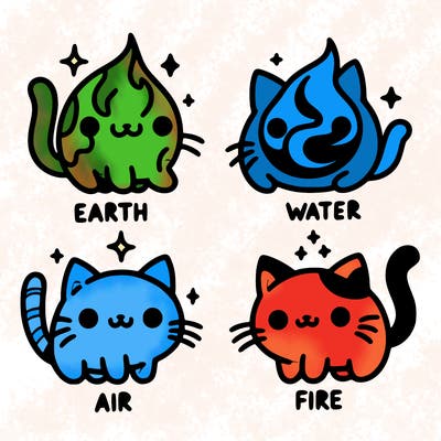 4 cats that represent the different elements, earth, water, air, and fire