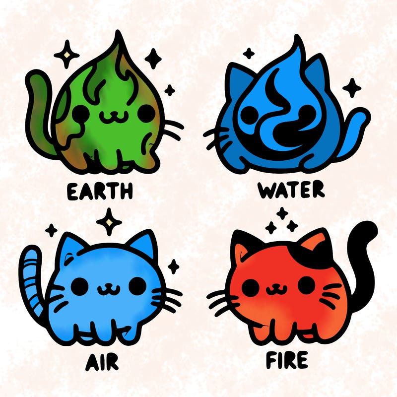 4 cats that represent the different elements, earth, water, air, and fire