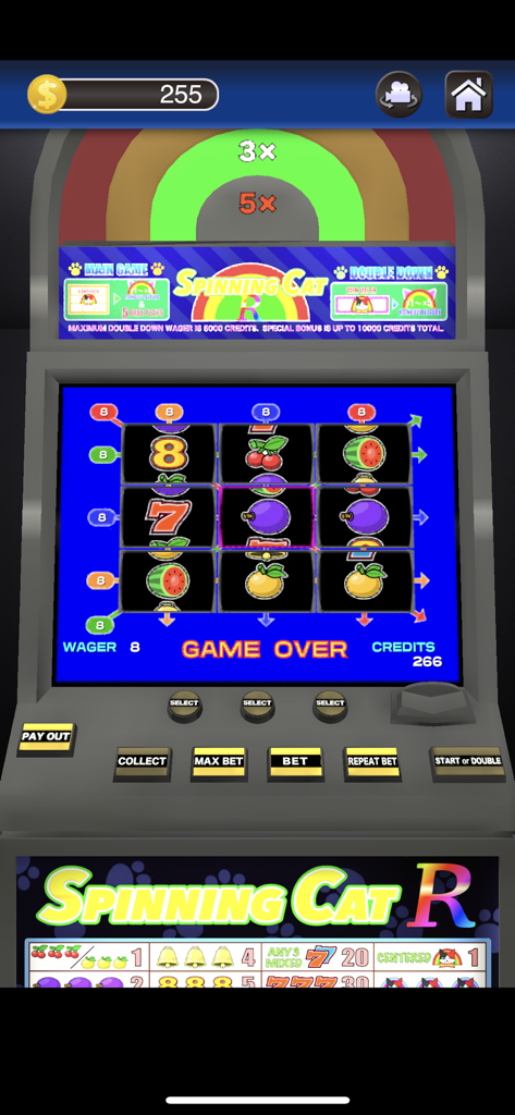 Medal Game Simulator - Captura de pantalla del juego de la máquina tragaperras Gato Giratorio R, con una cuadrícula de 8 líneas y botones coloridos estilo arcade.