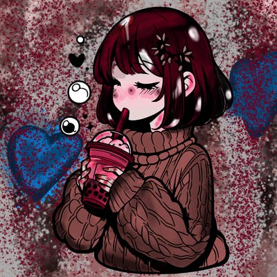 manga girl drinking boba in cozy sweater