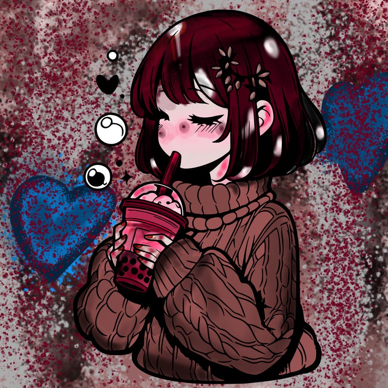 manga girl drinking boba in cozy sweater