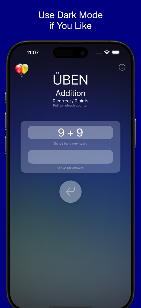 Üben - Addition - Üben Addition mobile app interface featuring a math problem in dark mode.