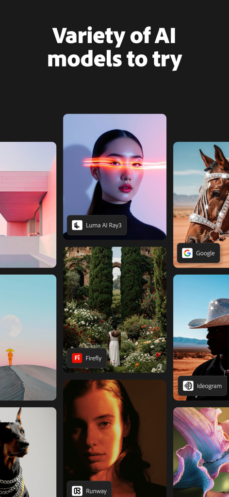 Adobe Firefly: AI Generator - Una muestra de diferentes modelos de IA integrados en Adobe Firefly, incluyendo Firefly Runway y Google