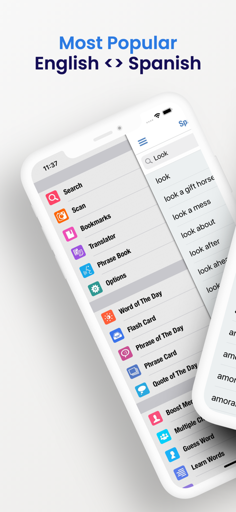 Spanish Dictionary + - Spanish Dictionary Plus app interface displaying main menu and search functionality