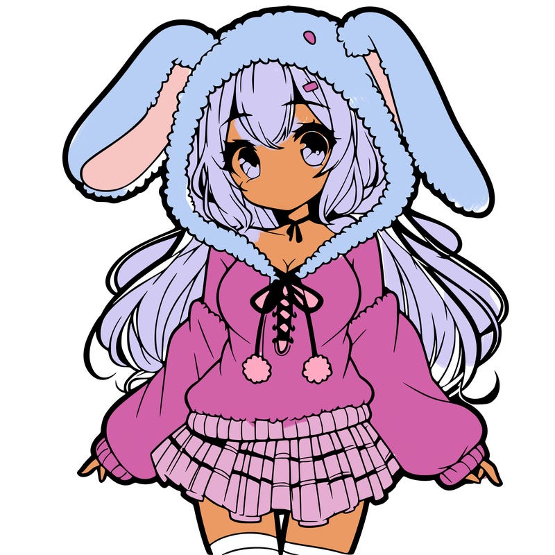 pretty anime girl wearing a fluffy hoodie with bunny ears on the hood and a skirt
