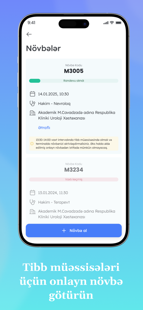 e-Tabib - Pantalla de la aplicación móvil e-Tabib que muestra una lista de colas de citas médicas con información de estado y médico