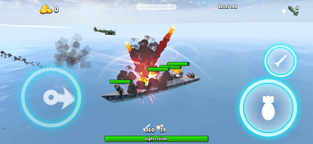 Bomber Ace: WW2 war plane game - WW2 warplane attacking a light cruiser warship with explosions in Bomber Ace game