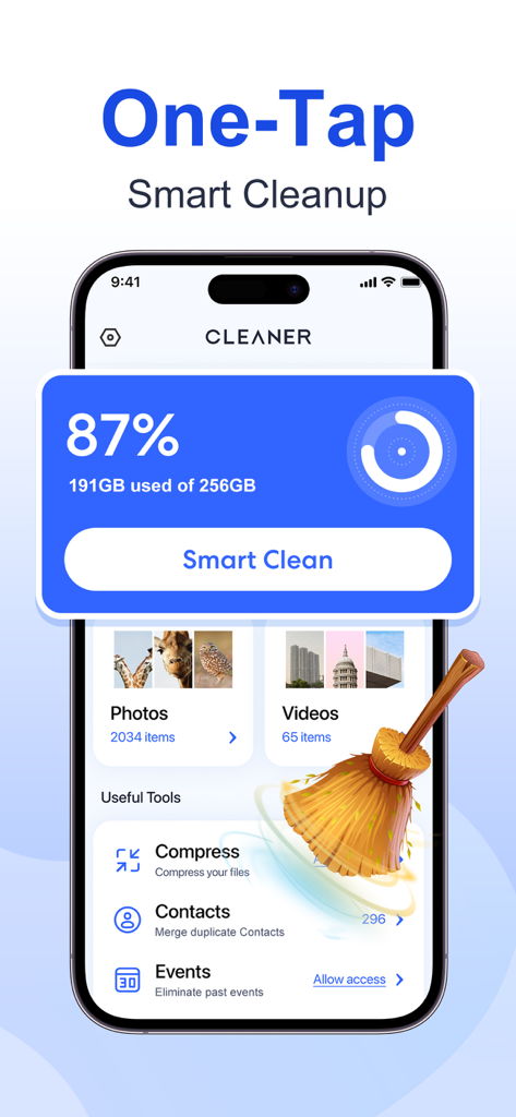 Turbo Cleaner: Clean Storage - Turbo Cleaner app interface showing one tap smart cleanup feature and storage usage analysis on an iPhone.
