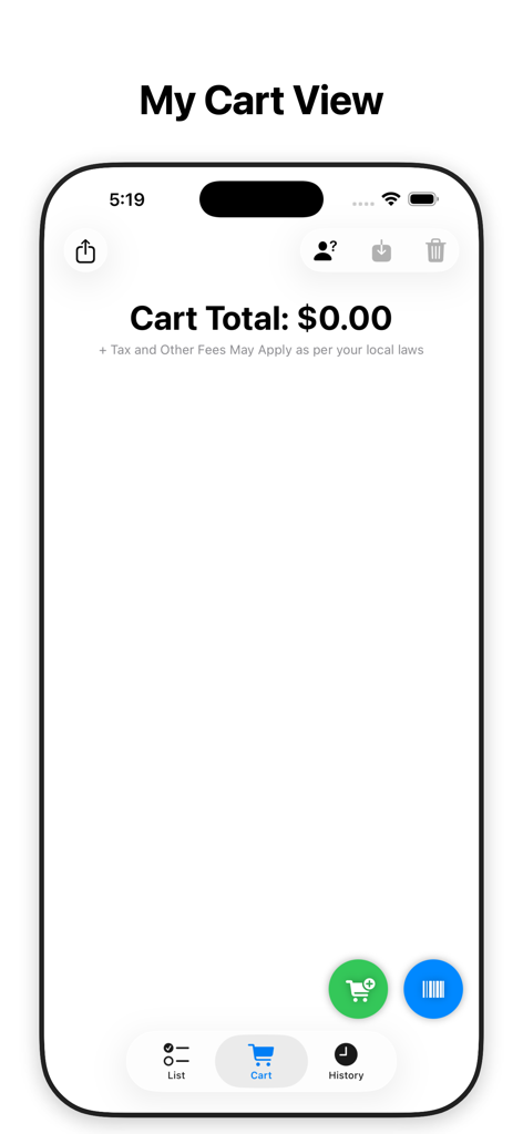 USmartCart - Pantalla de la aplicación USmartCart que muestra la Vista de Mi Carrito con un subtotal de cero dólares y botones de acceso rápido para escanear códigos de barras y agregar artículos.