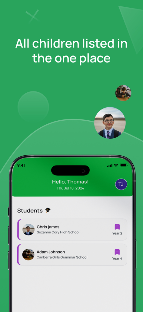 nForma For Parents - nForma For Parents app interface showing multiple children and their school details in one dashboard