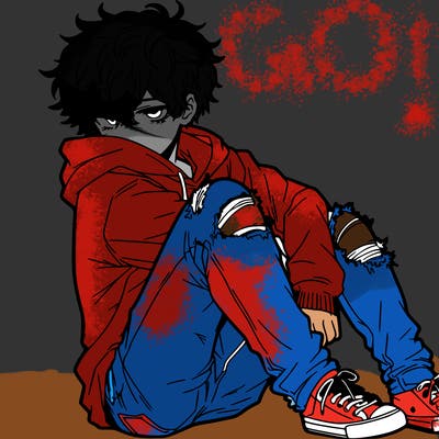 a male hoddie ripped jeans messy hair anime