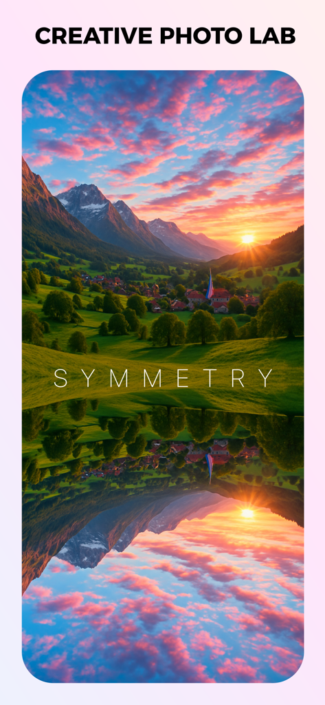 Kaleidoscope of Emotions - Un paesaggio di tramonto speculare che mostra un villaggio e colline verdi che si riflettono perfettamente per un effetto simmetrico.