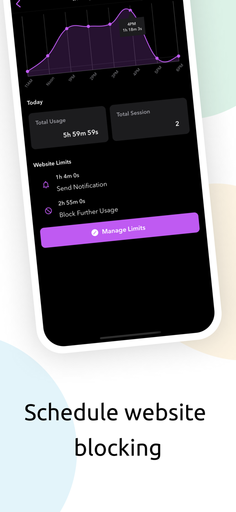 StayFree app interface showing usage statistics and options to schedule website blocking