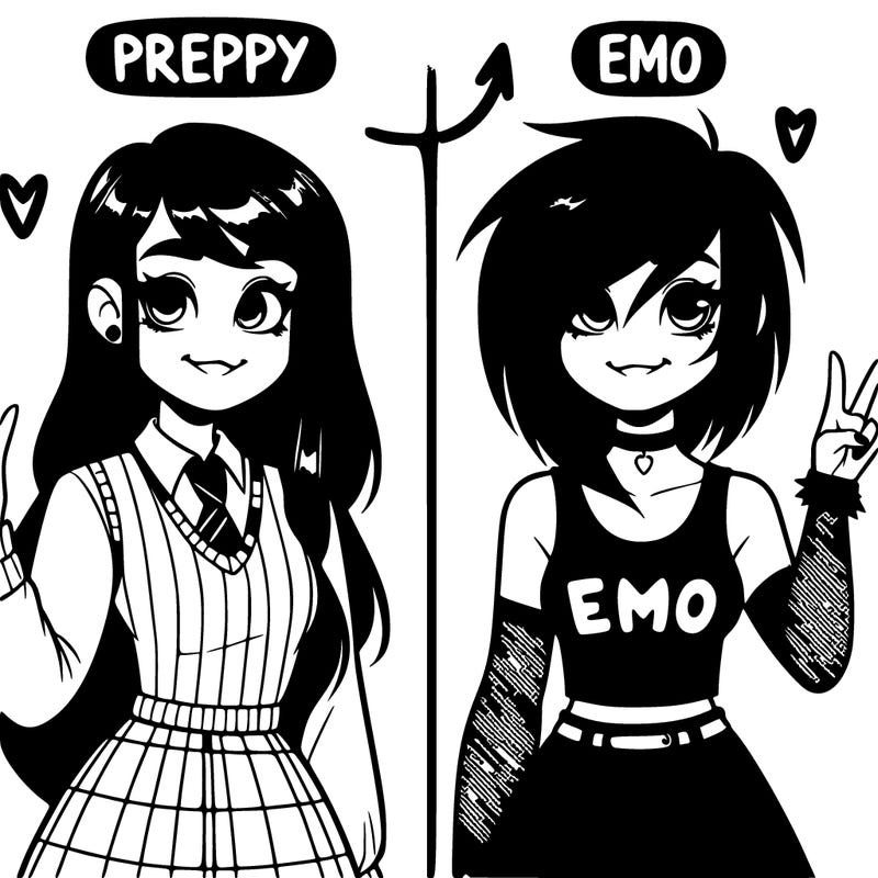 one side a preppy girl other side emo girl realistic