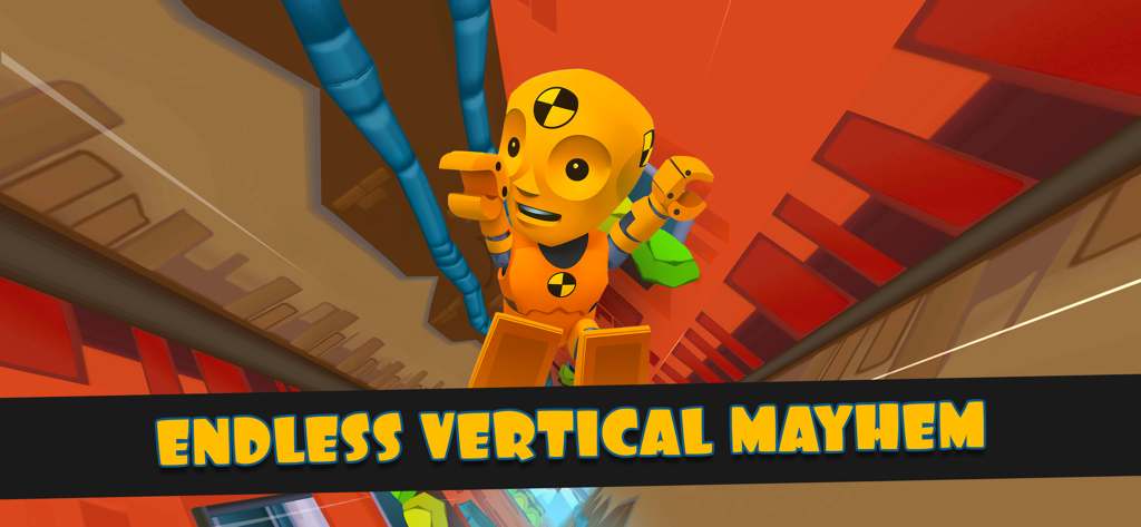 Falling Fred Redux - Falling Fred Redux game screenshot featuring a crash test dummy character falling down a shaft with the caption Endless Vertical Mayhem