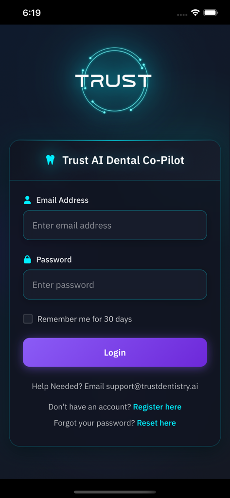 Isaac: AI for Dentistry - Login screen for Isaac AI Dental Co-Pilot app with email and password fields