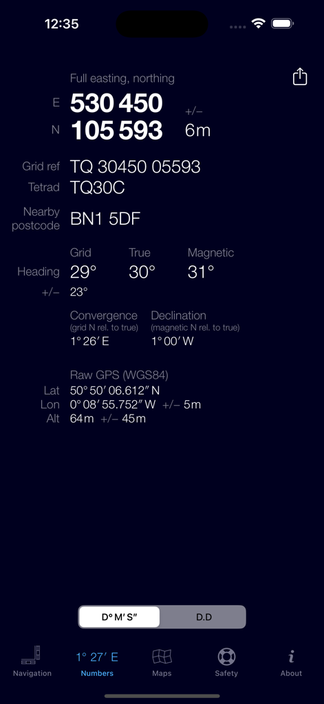 GridPoint GB - A mobile interface from GridPoint GB showing Ordnance Survey grid references and raw GPS coordinates for navigation in Great Britain