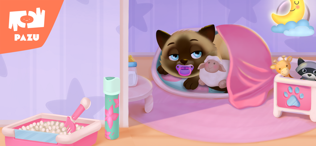 Cat games Pet Care & Dress up - Un chaton mignon dormant dans un lit avec une tétine et un mouton en peluche