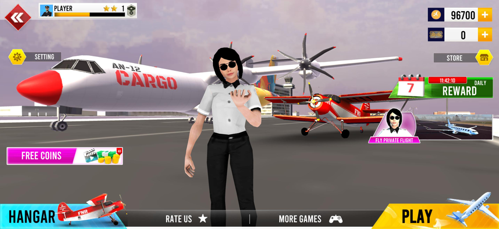 Airplane Sky Adventure 2025 - Menú principal de Airplane Sky Adventure 2025 que muestra a un personaje piloto femenino frente a un avión de carga y un avión de acrobacias en un hangar.