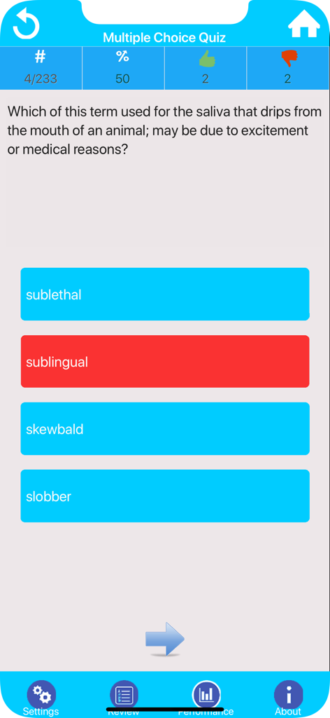 Schermata di una domanda a scelta multipla nell'app Quiz di Terminologia Veterinaria