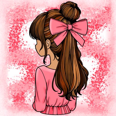 realistic girl  with hip length hair a bun and a big bow on the back of head
