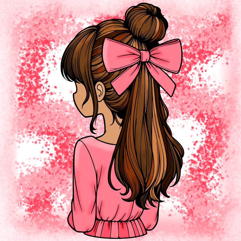 realistic girl  with hip length hair a bun and a big bow on the back of head