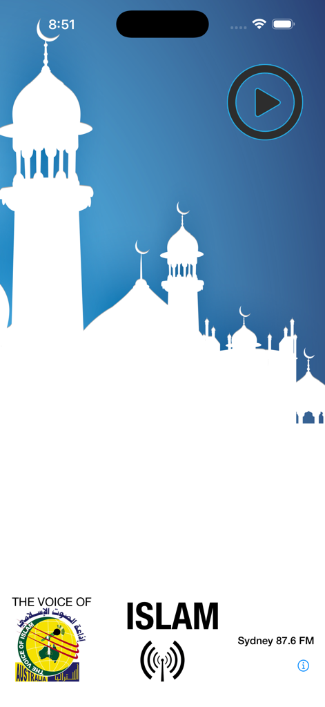 Voice of Islam 87.6FM - Interface of the Voice of Islam radio app showing a mosque silhouette and play button.
