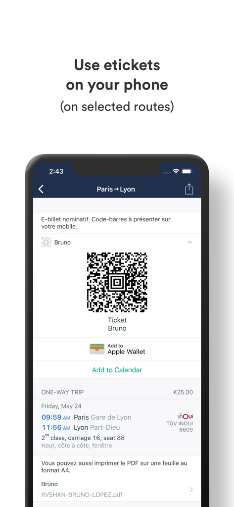 Écran de smartphone affichant un billet de train numérique avec un code QR et les détails du voyage dans l'application Trainline Business EU.