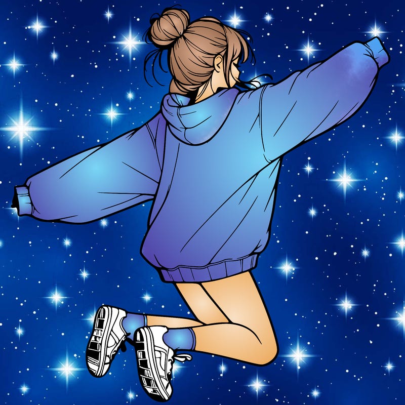 realistic girl jumping with a bun and oversized sweatshirt