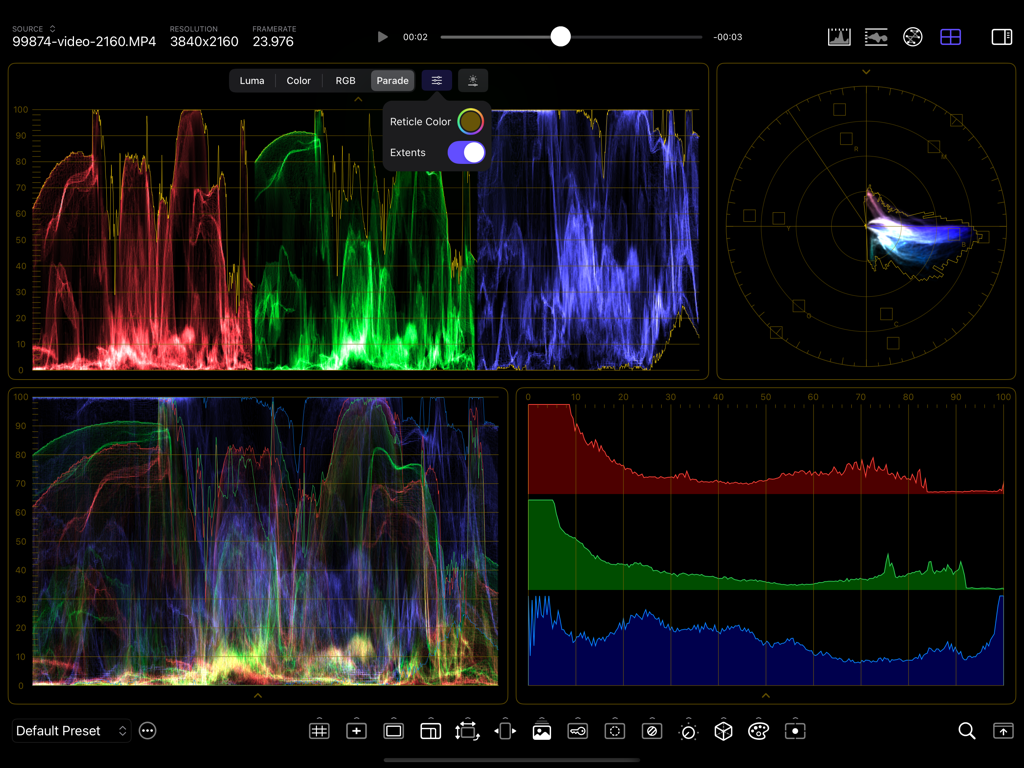 CineMon - CineMon app interface showing professional video monitoring scopes including RGB parade and vectorscope