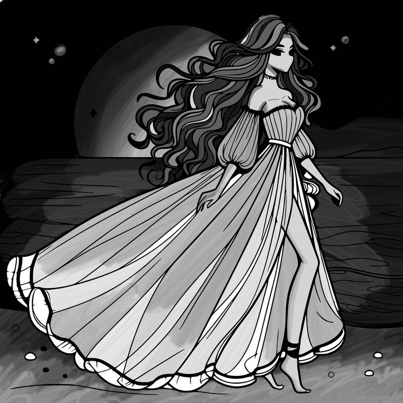 beautiful woman with a vaporous long dress walking on the beach at the noon, detailed art