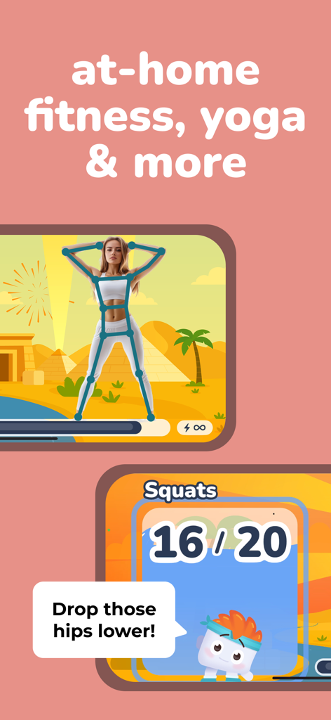 Luvu app interface showing AI pose tracking for yoga and a cute marshmallow character giving real time coaching for squats.