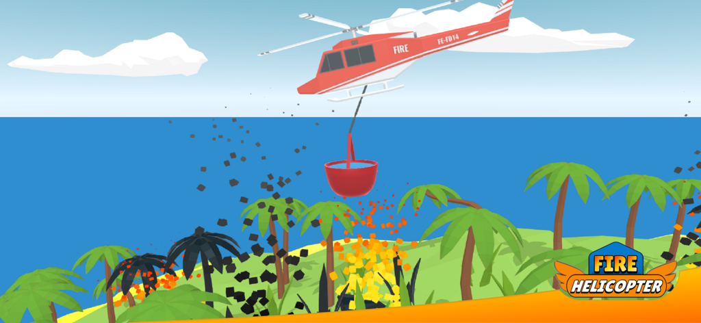 City Patrol: Rescue Vehicles - A red fire helicopter dropping water from a bucket onto burning palm trees near the sea in a child-friendly 2.5D game.