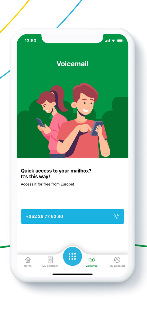 Interfaz del buzón de voz de la aplicación MyPost Telecom Mobile con acceso rápido al botón del buzón y una ilustración de dos personas usando teléfonos inteligentes.