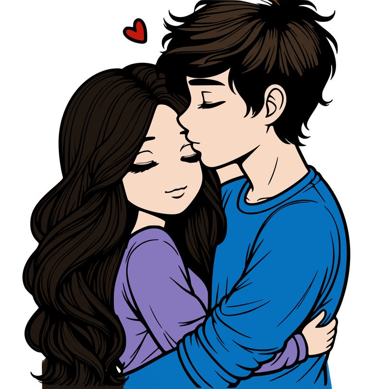 a realistic couple boy and girl hugging and kissing