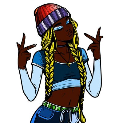 realistic teenage girl with braids and a beanie and crop top doing 🫶🏼