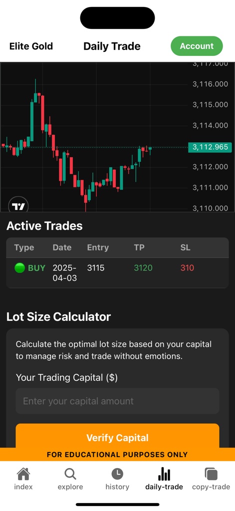 Elite Gold Academy mobile app interface showing gold candlestick chart, active trade signals, and lot size calculator.