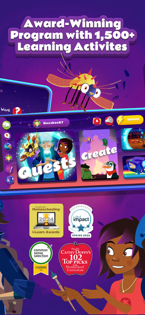 Night Zookeeper - Fun Learning - Night Zookeeper app interface showcasing over 1500 learning activities and multiple educational excellence awards