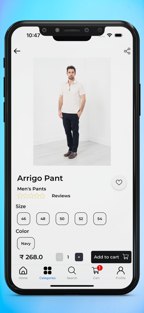 Mobile App Builder for Shopify - サイズと色の選択オプションを備えたメンズ衣料品を表示するShopifyモバイルアプリの商品詳細画面