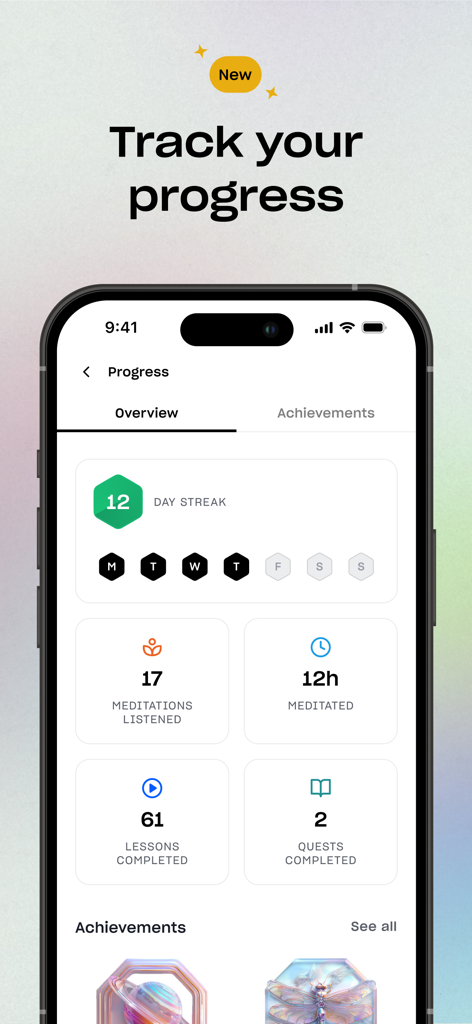 Mindvalley app interface showing personal growth progress including meditation streaks and completed lessons.