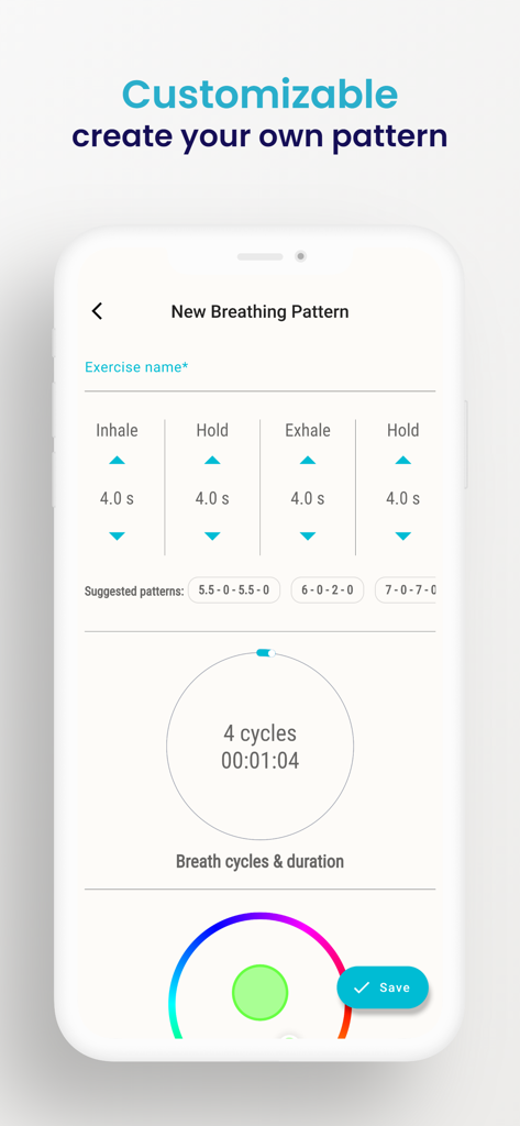 Breathe: relax & focus - Interfaz de usuario para crear y guardar patrones de respiración personalizados con tiempos ajustables de inhalación y exhalación.