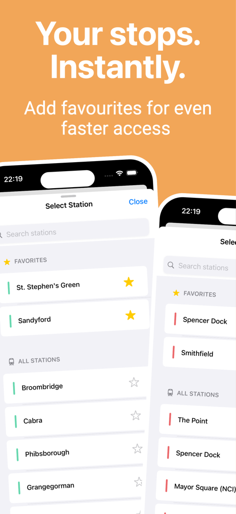 LUAS Realtime - Screenshot der LUAS Realtime App-Oberfläche, die eine Liste von bevorzugten und allen Tram-Stationen für schnellen Zugriff anzeigt