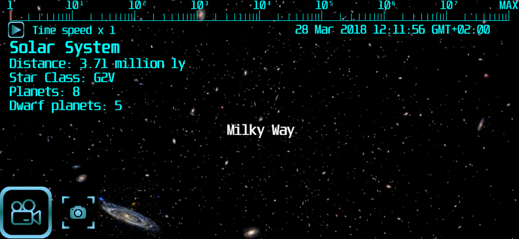 Une vue de la Voie Lactée et des amas d'étoiles lointains à une échelle de 3,71 millions d'années-lumière dans un simulateur spatial.