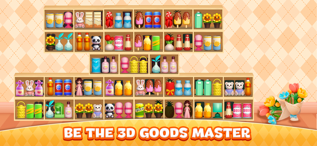 Wooden shelves filled with colorful 3D items and toys to be sorted in a matching puzzle game