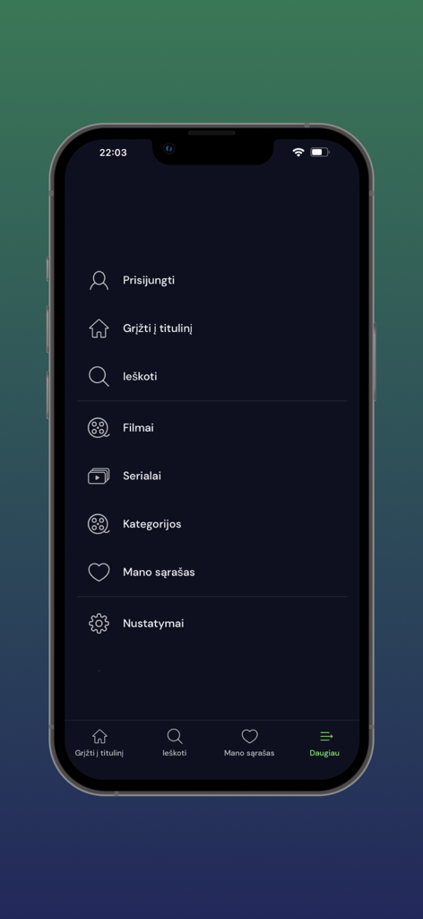 LRT Epika - LRT Epika mobile app menu screen showing navigation options like movies and series in Lithuanian.