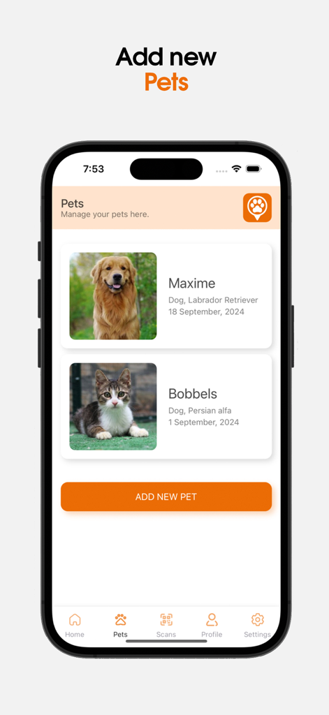 Gotcha! Lost & Found App - Interface of the Gotcha app displaying a list of registered pets with their photos and an add new pet button
