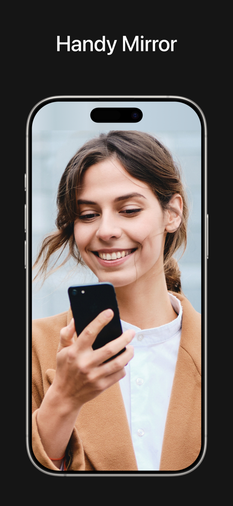 True Mirror App: Makeup Mirror - A smiling woman using the True Mirror app on her iPhone